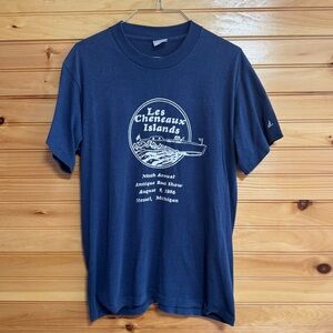 Vintage 1986 Les Cheneaux Islands Hessel Michigan Navy Blue T-Shirt Large